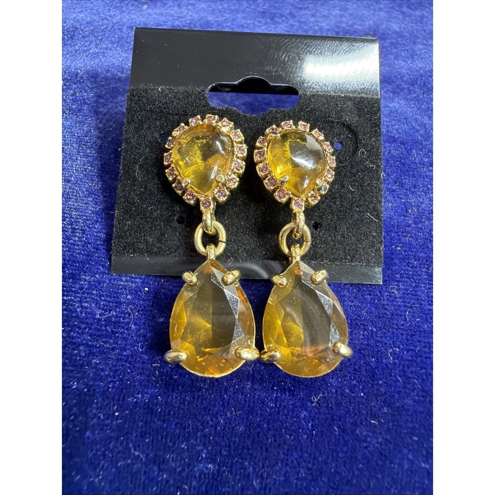 Vintage Carolee Gold Tone Citrin Dangle Tear Drop Earrings Signed Antique Style